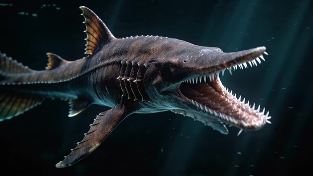 Extinct helicoprion shark with a spiral tooth whorl swimming in the deep ocean