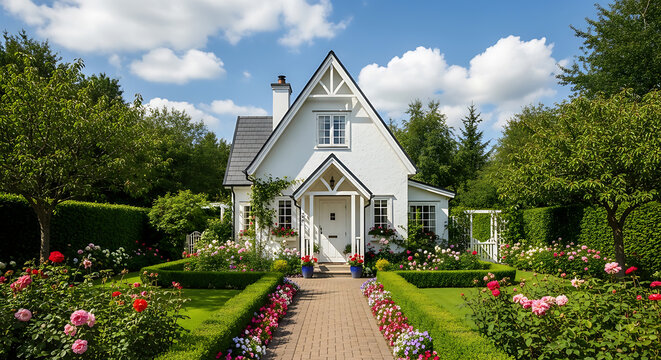 White two-story house with red shutters and a well-maintained garden path roof