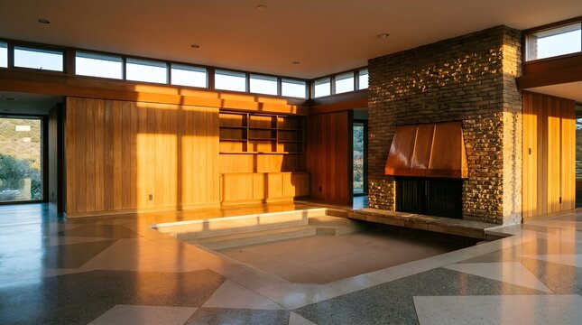 Mid-century modern living room with stone fireplace, sunken conversation pit in luxury home, warm sunset light on wood paneled walls