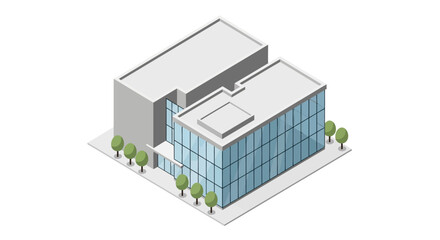 Fototapeta premium Modern corporate office building with glass facade and trees in isometric view