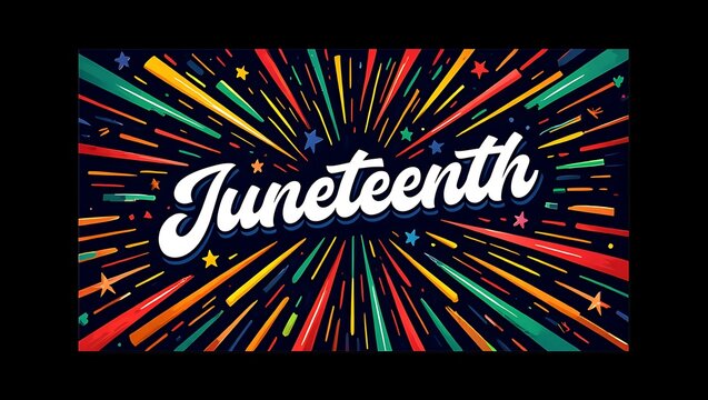 Juneteenth celebration banner with colorful rays and stars on dark background