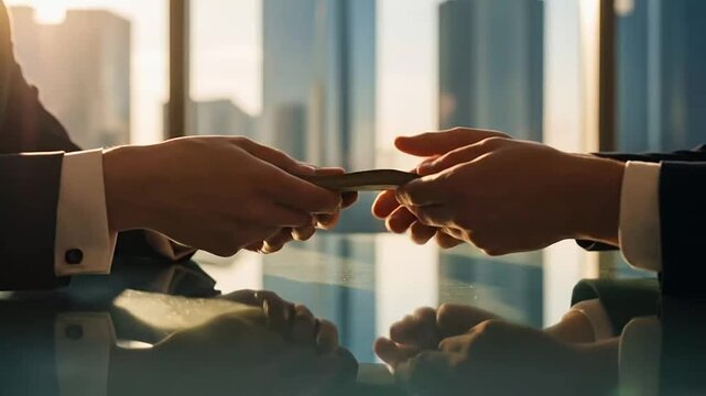 Businessman handing over stack of money in city office