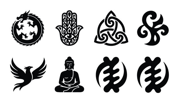 Cultural Symbols Collection: Dragon, Hamsa, Trinity Knot, Phoenix, Buddha, Adinkra Icons