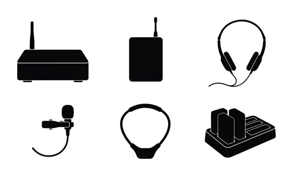 Audio Equipment Icons: Wireless Microphone, Receiver, Headphones, Headset, Charging Dock, Sound Gear Set