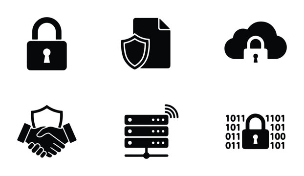 Cybersecurity Icons: Secure Lock, Data Protection, Cloud Security, Partnership, Server, Binary Code. Vector Set.