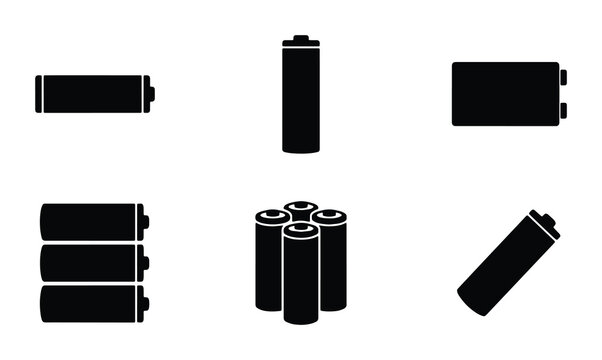 Battery Icons Set: AA, AAA, Power Cell Vector Graphics for Energy, Technology, and Electronics Concepts