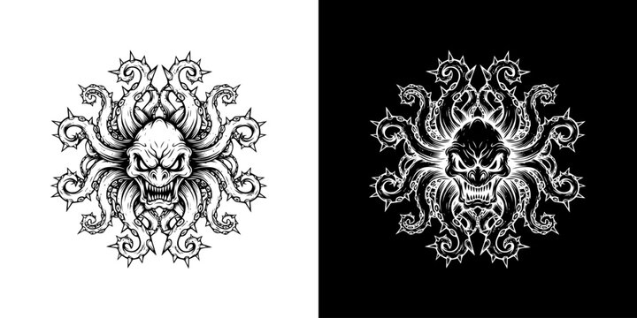 Intricate Skull and Tentacle Design - A Fusion of Macabre and Marine Elements.