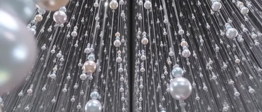 Generative AI, Hanging pearl and bead curtains in abstract space with motion