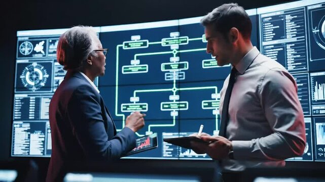 Business professionals discussing data in a high tech command center