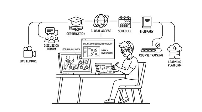 Man using laptop for online education in virtual classroom setting