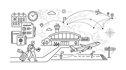 Naklejka premium Travel planning illustration with airport, airplane and traveler