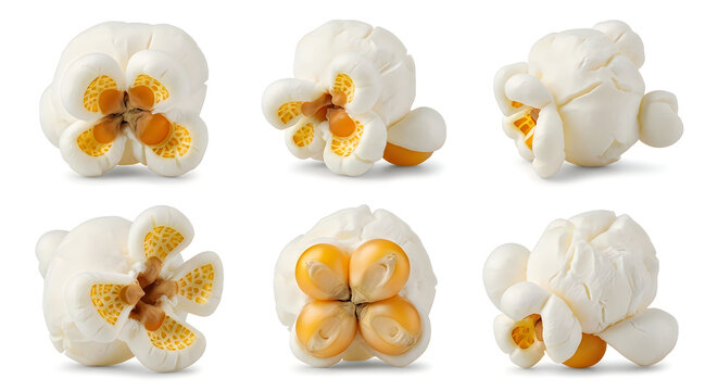 Six individual pieces of crunchy white popcorn are displayed in this detailed studio photo focusing on their unique natural textures