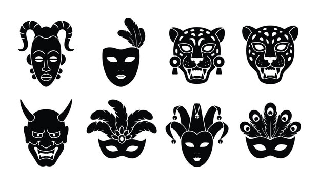 Set of 8 Tribal Masks, Carnival Masks, and Animal Masks Vector Icons. Festive Celebration and Cultural Symbols.