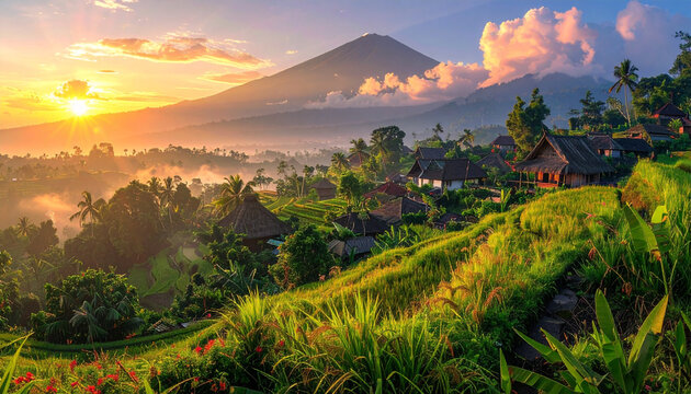 Sunrise over traditional Balinese village