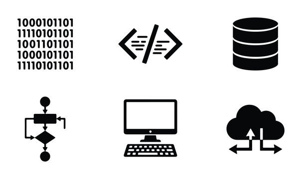 Technology Icons Set: Binary Code, Coding Brackets, Database, Flowchart, Computer, Cloud Computing
