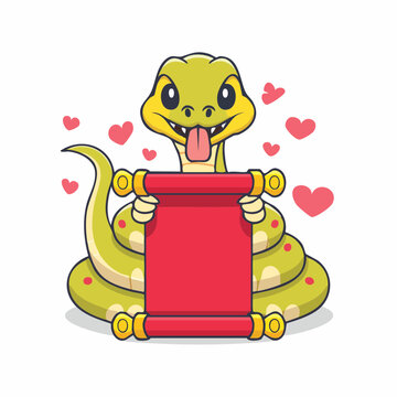 Cute cartoon snake holding a blank scroll with hearts