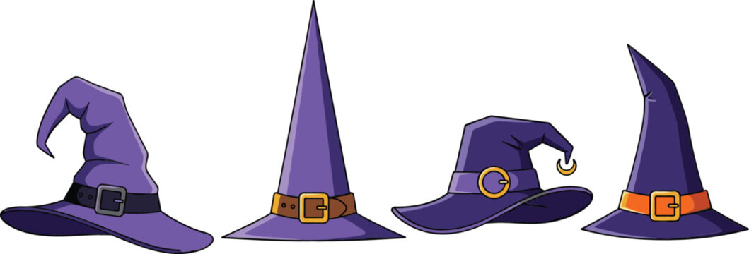 Set of purple witch hats vector illustration featuring Halloween themed pointed hats with buckles and 