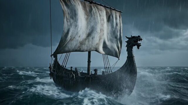 Ancient longship braves stormy seas with dragon prow