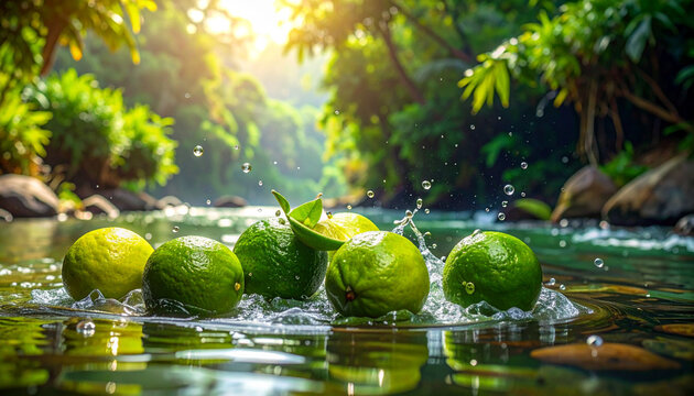 Fresh limes splashing in river