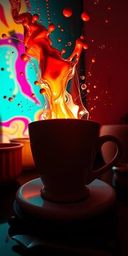 Ceramic personality explodes in a skewed, saturated universe, a kaleidoscope of coffee-fueled rebellion,  playful,  dutch angle