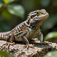 Fototapeta premium Lizard perched on mossy rock in green forest environment