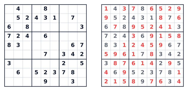 Medium Sudoku puzzle with completed grid and original layout side by side  