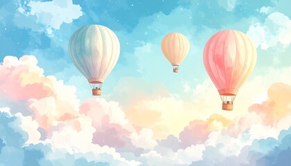 Obraz premium Dreamy Pastel Hot Air Balloons Floating in Soft Cloudy Sky Art Visuals