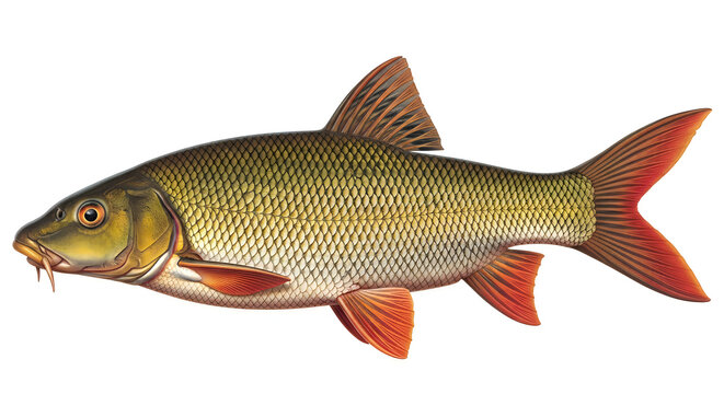 Detailed profile view of a common barbel fish showing its golden scales and vibrant red fins in this studio photograph