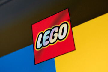 Obraz premium 18 April 2026 - Tashkent, Uzbekistan: Close up view of Lego logo on digital screen showing colorful toy brand identity and display pixels.