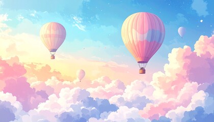 Fototapeta premium Dreamy Pastel Hot Air Balloons Floating in Soft Cloudy Sky Art Visuals