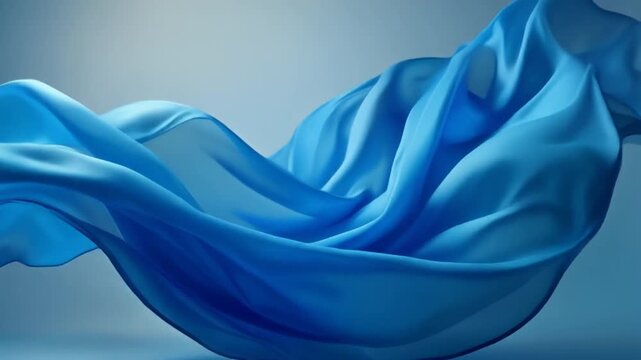 Blue fabric waving in wind on matching blue background, soft flowing textile motion
