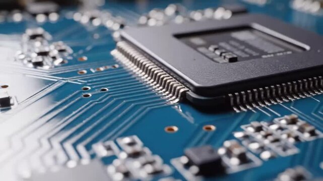 Close up of blue computer circuit board components.