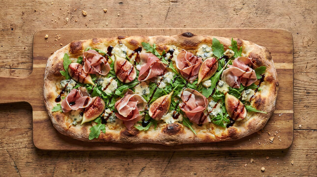 Flatbread pizza topped with fresh figs, prosciutto ham, gorgonzola blue cheese, fresh arugula, and a drizzle of balsamic glaze on a rustic wooden cutting board