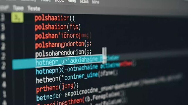 Close up of colorful software source code on dark monitor