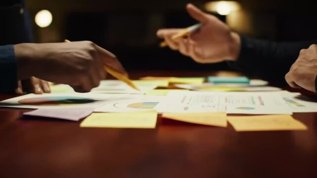 Close up of hands brainstorming with colorful sticky notes.