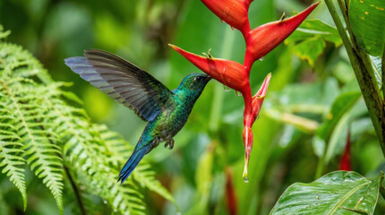 Fototapeta premium Hummingbird feeding on red tropical flower with green foliage background in natural habitat, vibrant colors and delicate motion captured beautifully