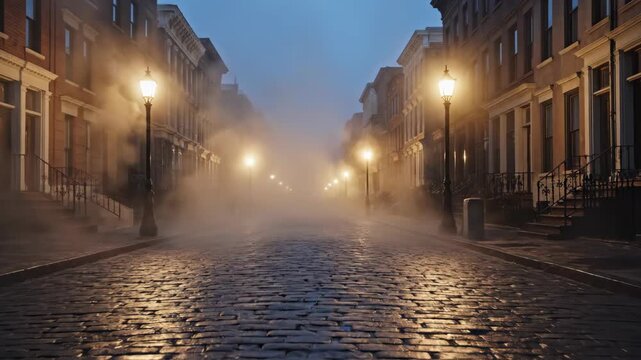 Cobblestone street shrouded in atmospheric mist & lamplight