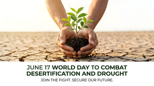 Hands holding young tree in cracked dry soil for desertification awareness