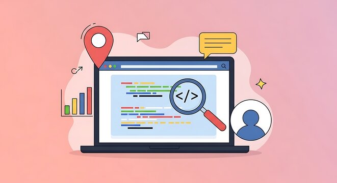 A graphic illustration of a laptop with coding on the screen surrounded by a magnifying glass, location pin, and user profile icon on a pink background.
