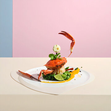 Artistic gourmet crab meal presentation