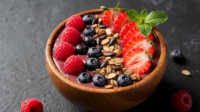 Healthy purple acai smoothie bowl in a wooden bowl topped with fresh raspberries, blueberries, strawberry slices, crunchy granola, and mint leaves on a dark stone background.