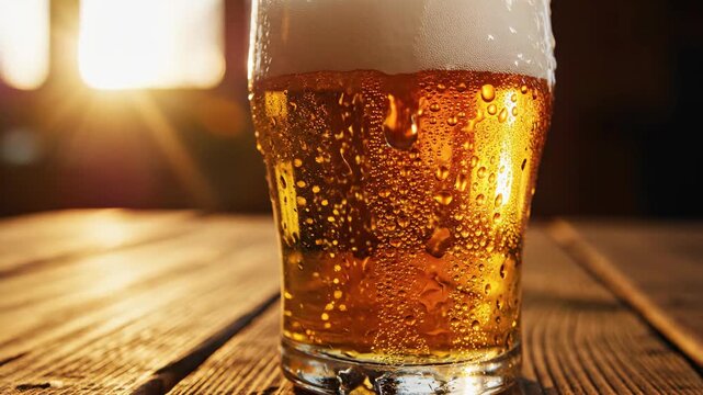 Cold drink on wooden table, golden hues