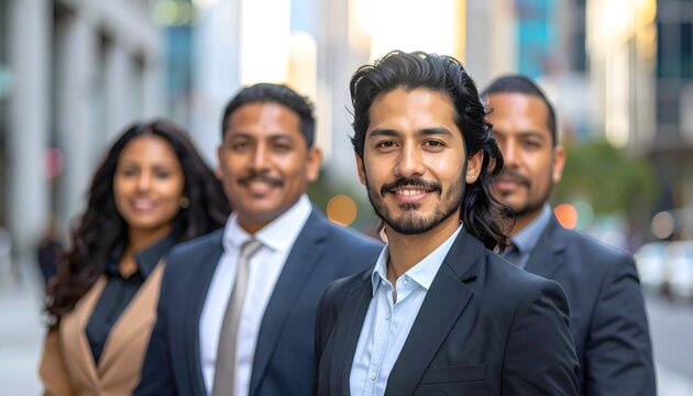 Equipo de profesionales de negocios en exterior urbano con ejecutivo sonriente en primer plano y compa&ntilde;eros desenfocados