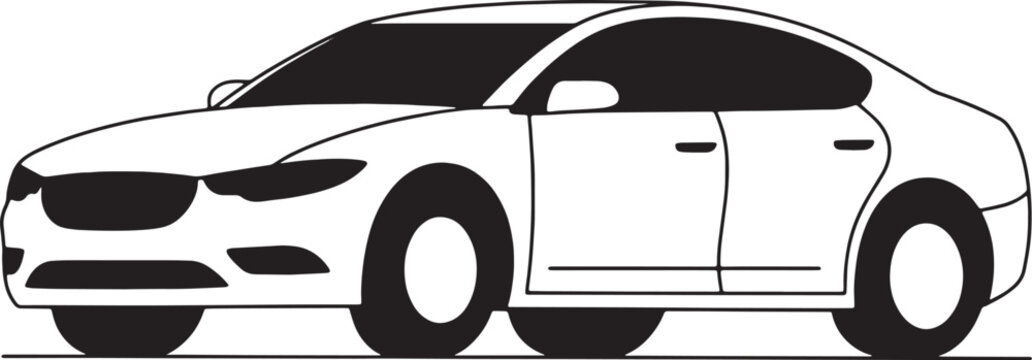 Black and white line of a modern sedan car viewed from the front three quarter angle