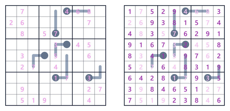 Logic puzzle grids with numbers and paths in pink and blue colors 