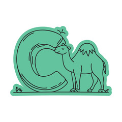Fototapeta premium Cute Camel with Letter C Sticker Doodle Illustration