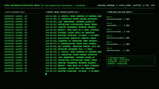 Core Ledger Distributed Mesh Terminal Showing Block Blockchain Hash Verification Pipeline Activity Log and Hyper Node Core Load Health Metrics.