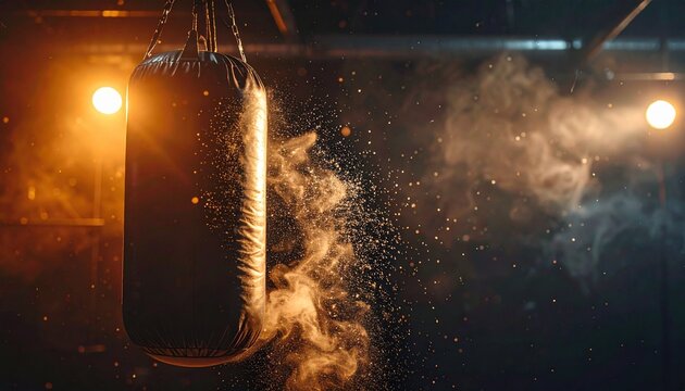 Punching Bag Impact with Flying Dust in Dark Cinematic Gym