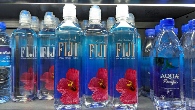 Close up bottles of Fiji Water on tropical island Viti Levu in capital city Suva, Fiji - taken on 16 Nov 2025
