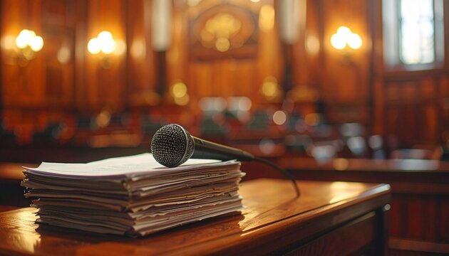 Professional microphone resting on legal papers in a classic courtroom